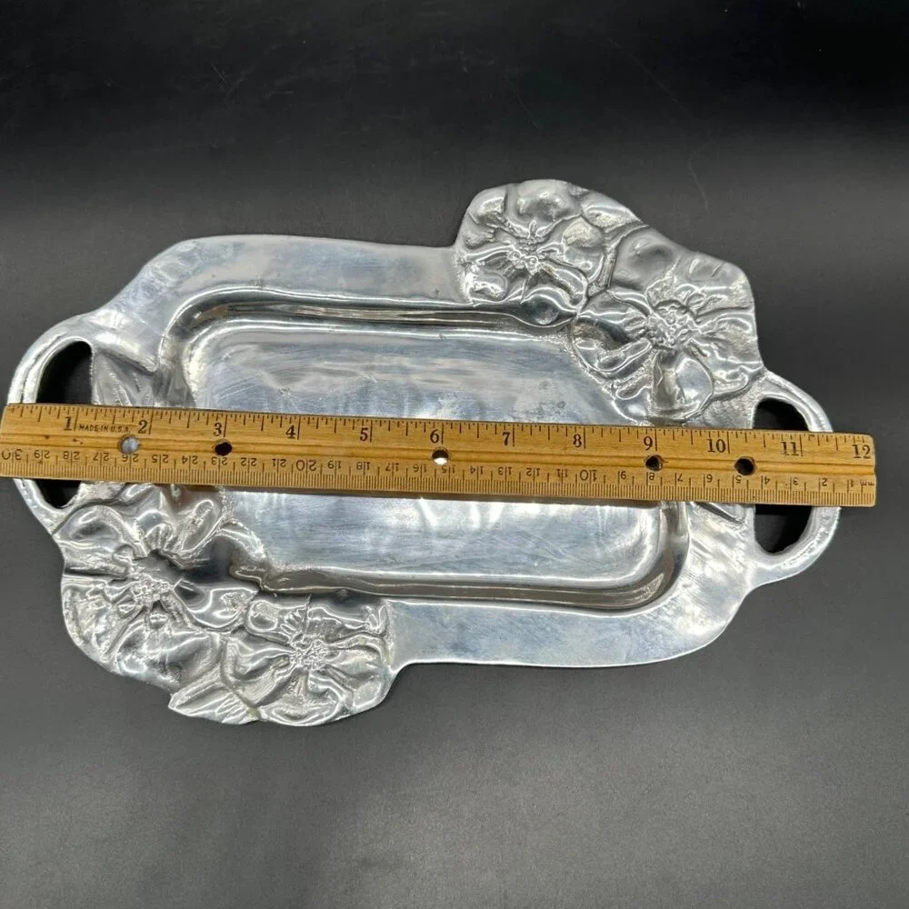Vintage Floral Tray Vanity Serving Mexico Aluminum Handles Rectangle Flowers